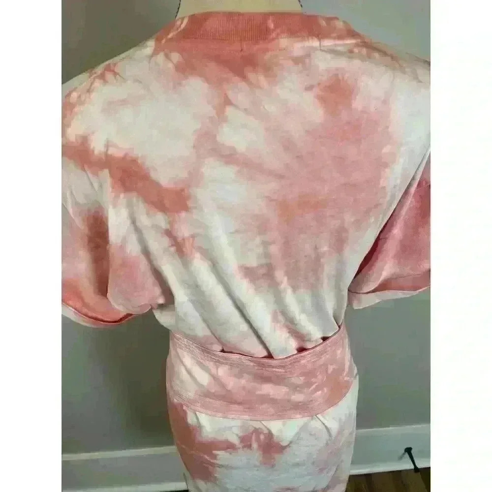Rebecca Minkoff Tie Dye Pink T-Shirt Beach Dress With Belt Bow Rolled Sleeves XS - Picture 9 of 12